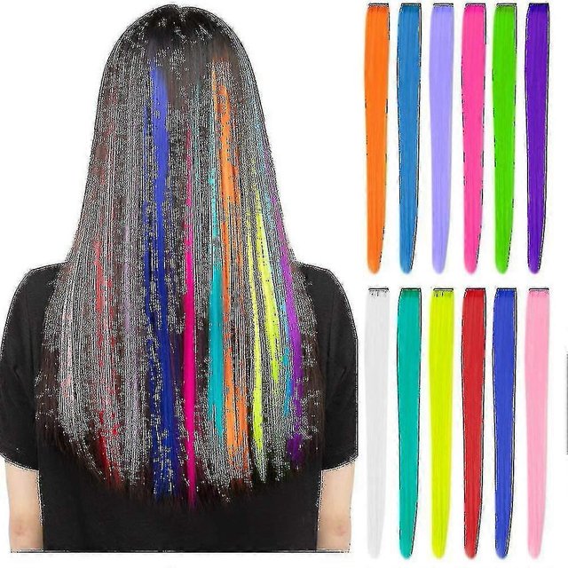 12 extensiones de cabello con clip de colores para fiestas, postizos sintéticos lisos de 22 pulgadas, arcoíris para
