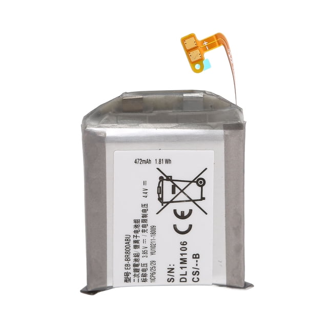 batería de repuesto para reloj samsung galaxy gear s4 de 46 mm, smr800, smr805, eb br800abu, 3,85 v reemplazo rectangular de ion-litio con etiqueta blanca que muestra 472 mAh y 1.81 Wh, cable flexible naranja con conectores visible; adecuada también como batería de repuesto para reparaciones de relojes inteligentes pequeños.