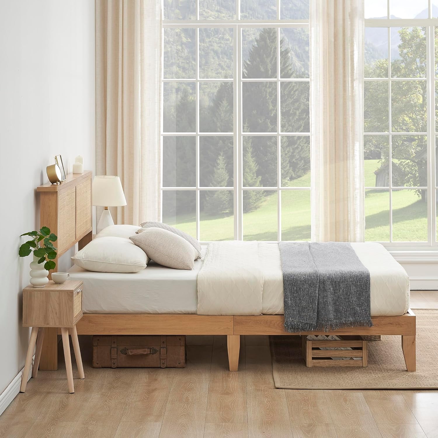 Eastvita King Size Bohemian Rattan Platform Bed Frame - Natural Headboard, LED Lights, Solid Wood Silent Slats