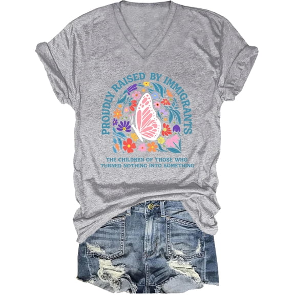 Proudly Raised By Immigrants Vneck Shirt Immigrant Rights T-Shirt Butterfly Floral Tshirt For Women