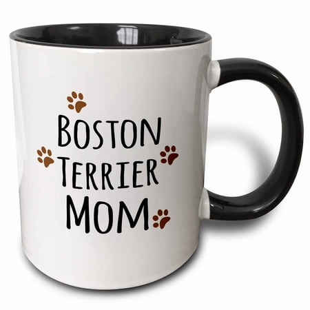 3dRose Boston Terrier Dog Mom - Doggie by breed - brown muddy paw prints love - doggy lover mama pet owner, Two Tone Black Mug,