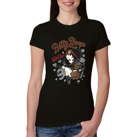 Wild Bobby, Biker Betty Boop Wild One MC Motorcycle Betty Boop Womens Slim Fit Junior Tee, Black, X-Large