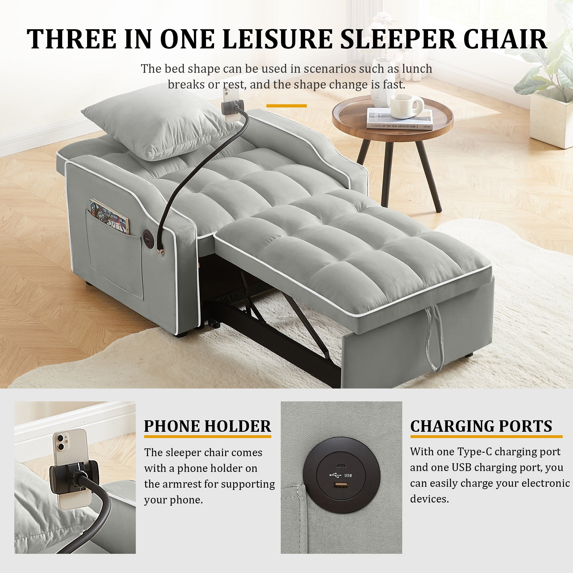 MOONMISS 3 in 1 Sleeper Sofa Chair Bed,Velvet Adjustable Recliner with Charge Ports&Phone Holder,Gray
