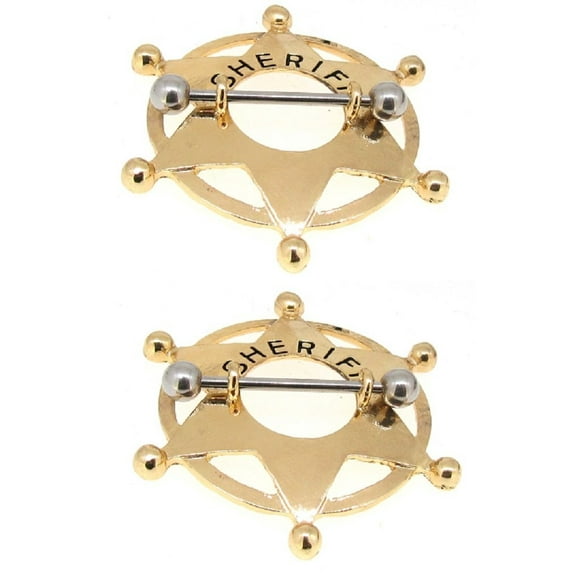Body Accentz Stainless Steel Barbell Sheriff Badge Nipple Shield 14 Gauge Pair