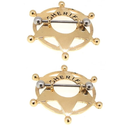 Body Accentz Stainless Steel Barbell Sheriff Badge Nipple Shield 14 Gauge Pair