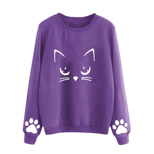 Wyzesi Chandails en Molleton en Coton pour Femmes Col en V Mode Décontractée Imprimé Chat Pull Col Rond Manches Longues Ample