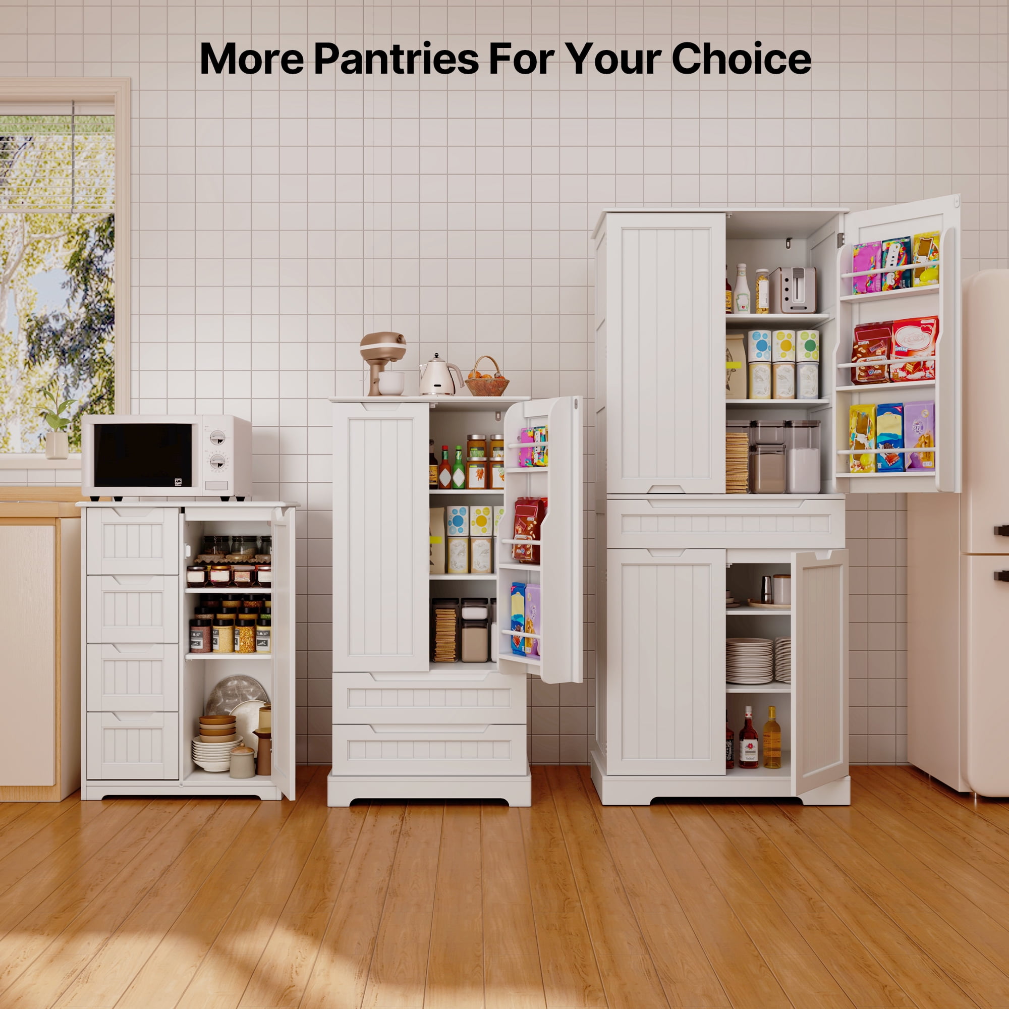 33'' Small Food Pantry Cabinet with Doors and Shelves, Noelse Wooden Kitchen Storage Cabinet with 4 Drawers for Kitchen Organization, White