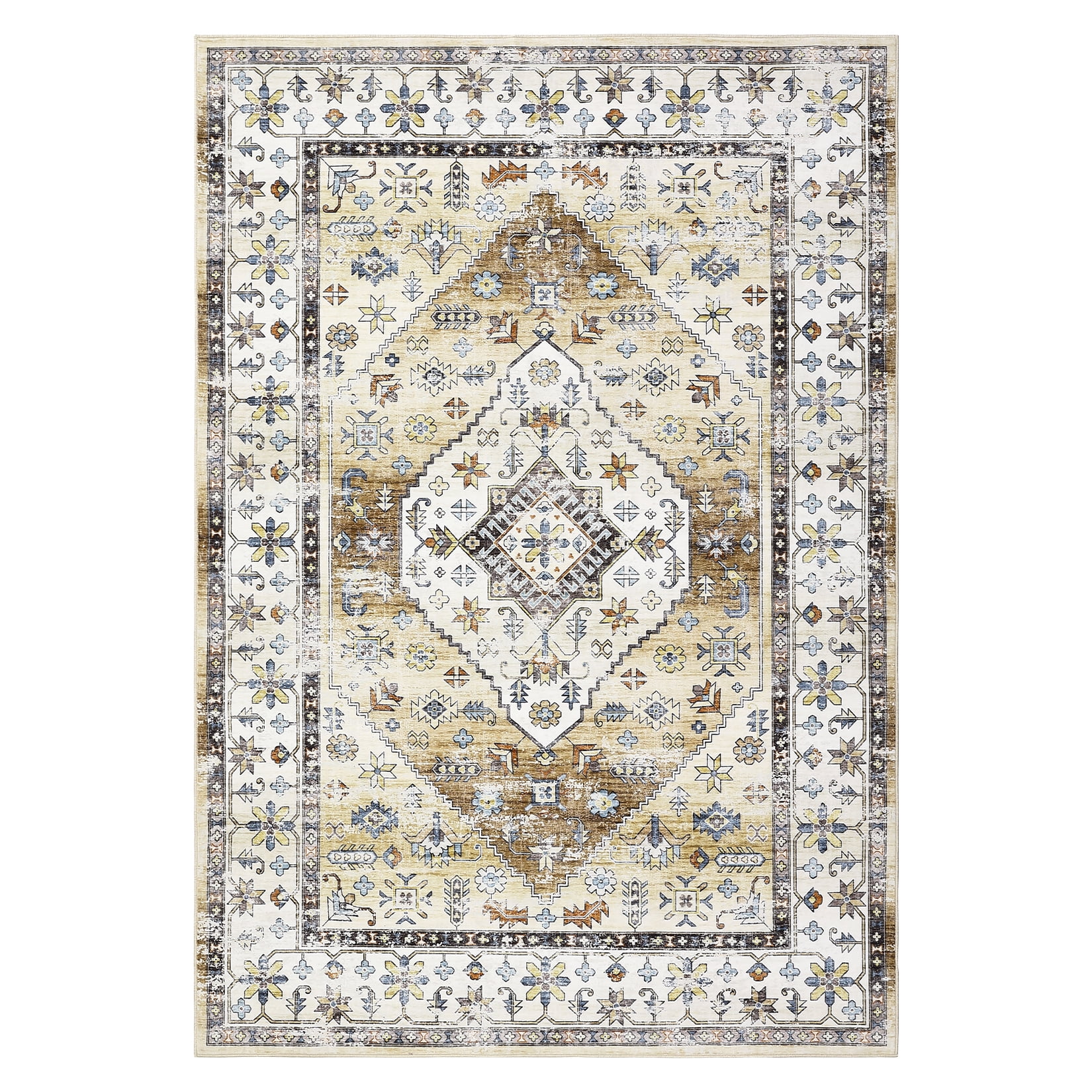 Garvee 6'x9' Vintage Area Rug Indoor Boho Distressed Carpet Floral Rug Stain-Resistant Foldable Thin Rug, Yellow