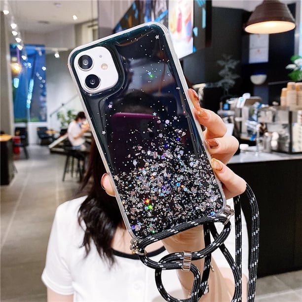 Funda de teléfono suave con cordón de correa de brillo transparente para iPhone 13 12 Pro Max MiNi 11 14 XS XR X 7 8 Plus 6 SE Tan Jianjun unisex