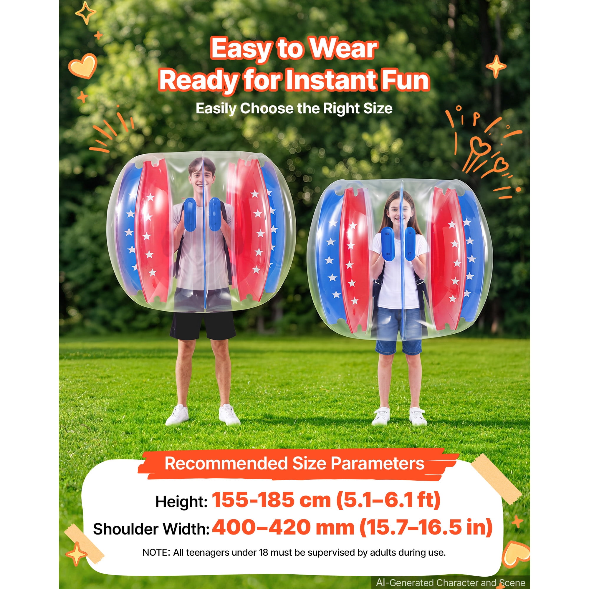 KFFKFF 2-Pack Inflatable Bumper Balls 4FT Human Bubble for Teens Blue+Red, Ideal for Backyard, Camping, Park, Lawn, and Outdoor Team Activities, Durable PVC Material, Sumo Hamster Ball with Handle