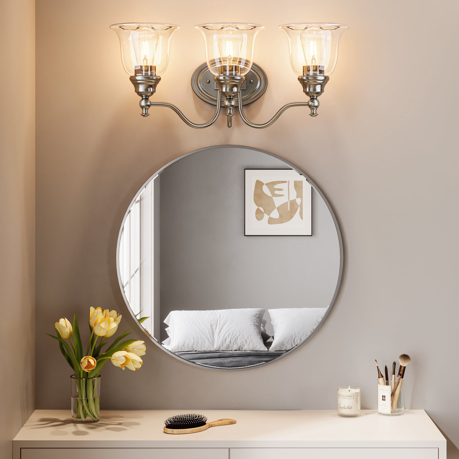 Fnova 3-Light Bathroom Light Fixtures, Modern Vanity Light with Clear Glass Shade, Bathroom Wall Lamp for Mirror Living Room Kitchen Hallway Porch, E26 Base (Bulbs Not Included)