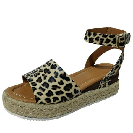 

Women Summer Fashion Sandals Buckle Strap Wedges Leopard Retro Peep Toe Sandals Pu Brown sandals for Women