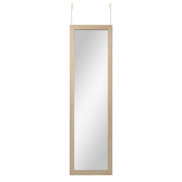 Mainstays 14.25x50.45in. Art Gallery Over the Door Framed Mirror, Full Length Mirror with Two (2) Over the Door Hooks. Lightwood-Look finish