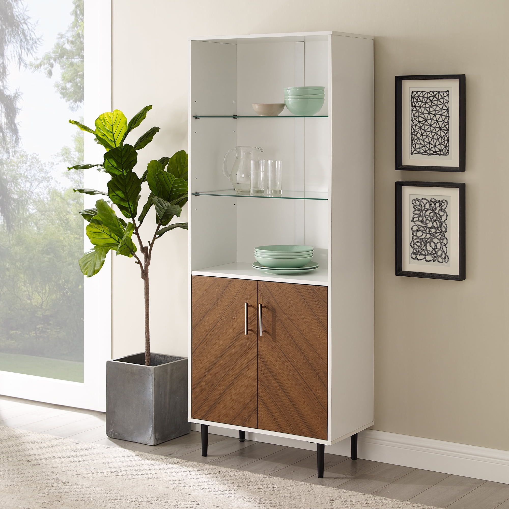 Desert Fields 2-Door Bookmatch Dining Storage Cabinet with Hutch, White