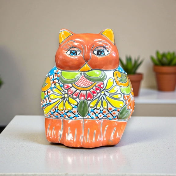Adorable Handmade Fat Cat Planter | Colorful Talavera Artwork (Medium Size)