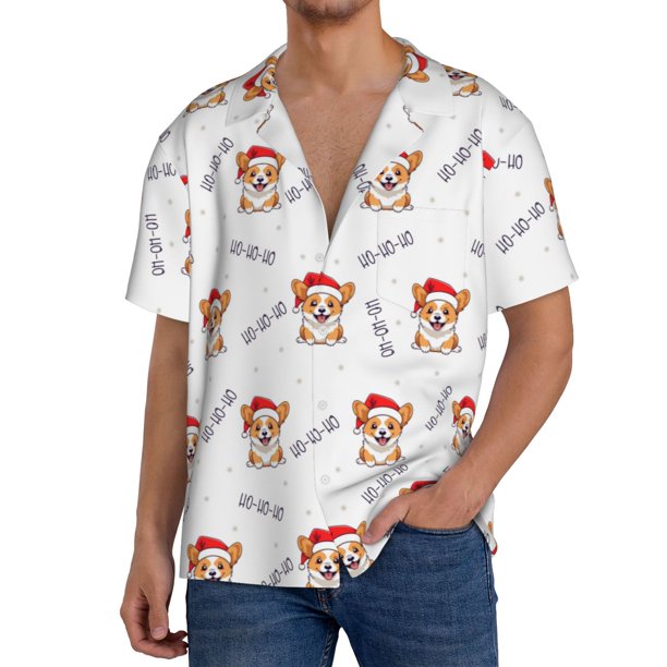 Fotbe Corgi With Santa Claus Hat Camisa Estampada de Manga Corta para Hombre, Casual de Verano, Estilo Playero, Sin Arrugas-Large