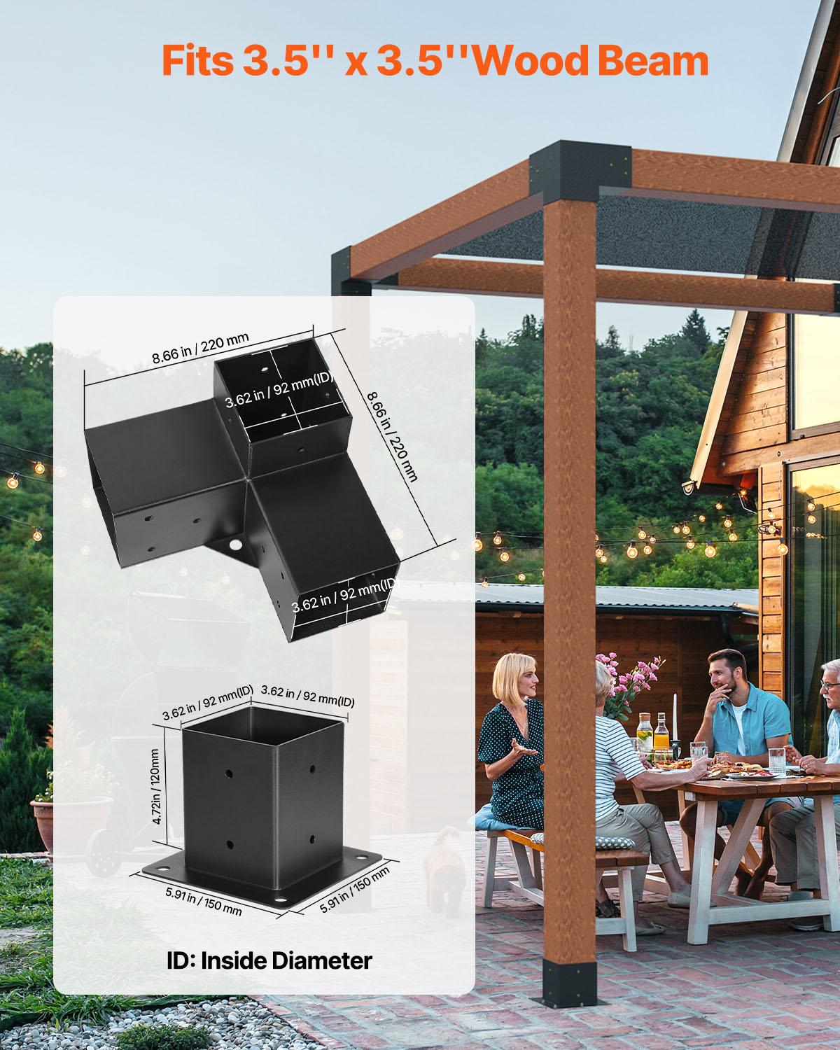 VEVOR Pergola Bracket Kit, 4x4 inch (Inner Size 3.5x3.5), 4 Pcs 3-Way Heavy Duty Corner Bracket Woodworks DIY Post Base Kit, Easy Installation Wooden Beams for Gazebos, Patio Pergolas, Log Cabin