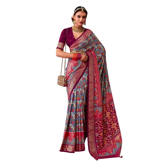 Traditional Ethnicwear Mid Grey Cotton Silk Ikkat Print Saree