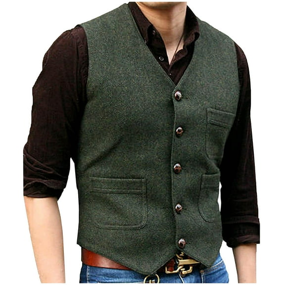 Mens Vintage Wool Suit Vest Button V Neck Herringbone Waistcoat 5 Real Pockets Tweed Waistcoat For Groomsmen Wedding