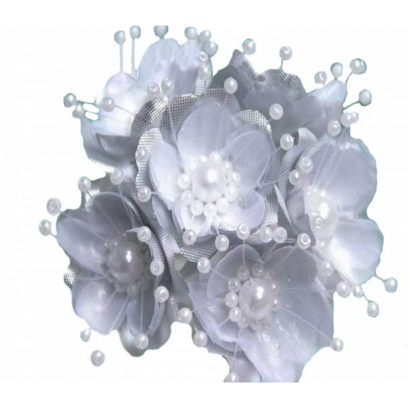 36 Wedding Bridal Pearl Satin Organza Flower Favor Pick - Silver