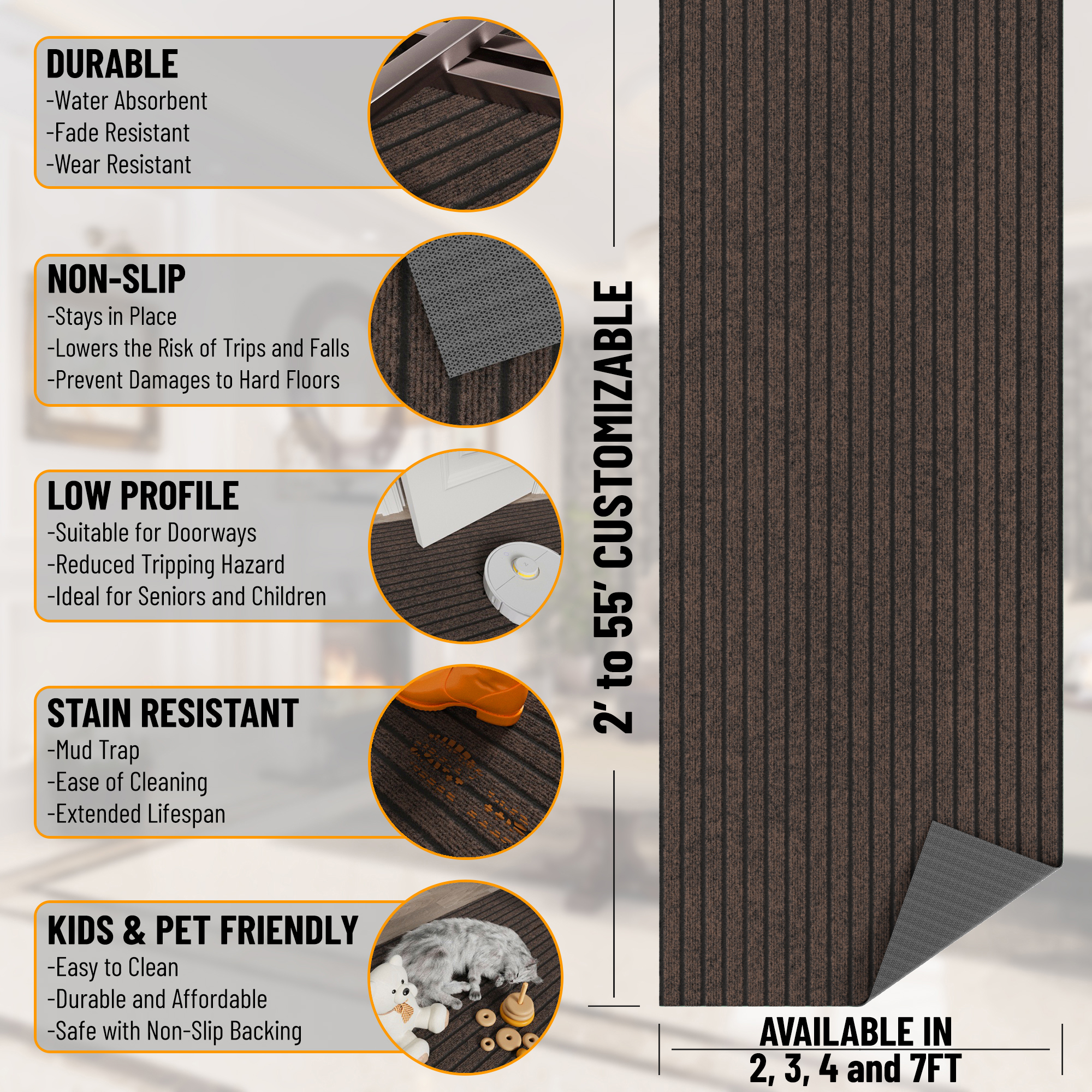 Ottomanson Non-Slip 2-Piece Kitchen Rug Set, Hallway Runner & Doormat for Entryway, 2' x 3' & 2' x 5', Brown Ribbed
