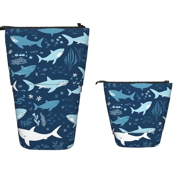 Standing Pencil Case Big Capacity Telescopic Pencil Bag Sharks Pop Up Pencils Case Retractable Pencils Pouch Portable Pen Holder Organizer Makeup Bag for Office Supplies