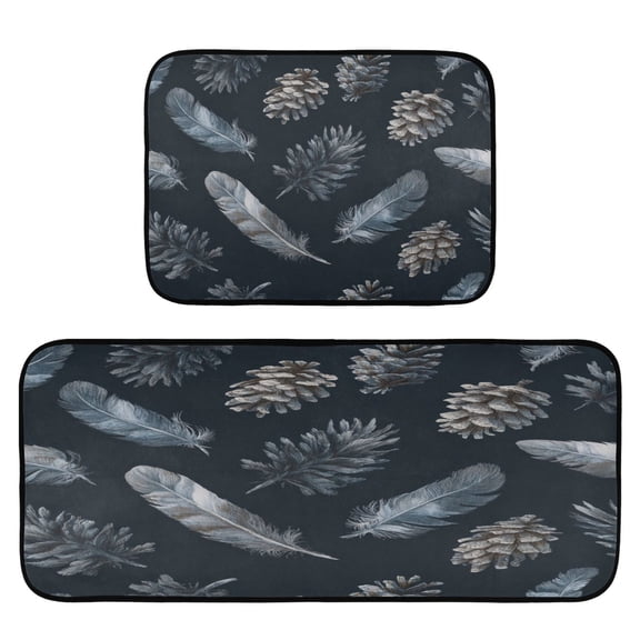 2-Piece Kitchen Mat Set Non Slip Washable Floor Mats Decorative Rugs for Kitchen Sink Laundry Deep Gray Feathers and Pinecones