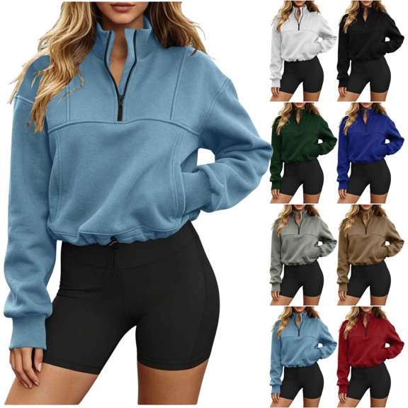 Fengactive Womens Zip Up Hoodie Long Sleeve Stand Collar with Pockets Loose Fit Casual Sweatshirt