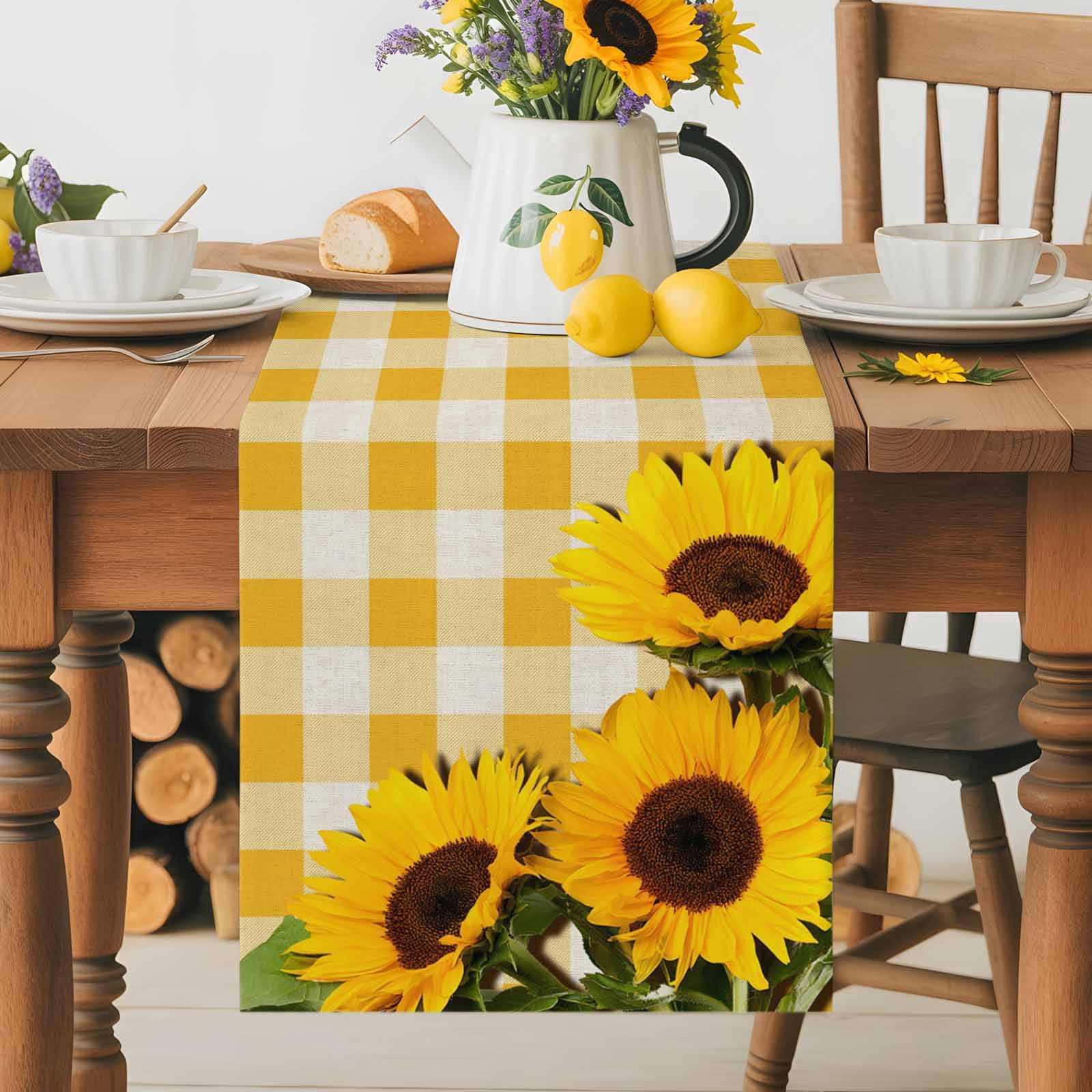 Watercolor Sunflowers Leaves on Retro Table Runner 90 Inches Long, Yellow White Plaid Table Runners Tabletop Scarf Kitchen Dining Tables Decoration for Home Party Indoor Outdoor