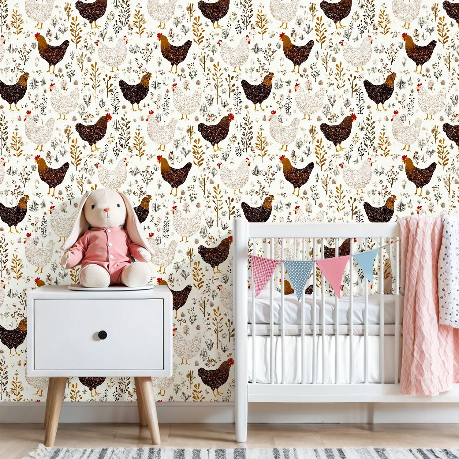 Peel and Stick Wallpaper Floral cute cartoon chicken white Wall Mural 23.6in x 9.8ft Self Adhesive Removable Wall Paper Renter Friendly Wallpaper for Bedroom Nursery