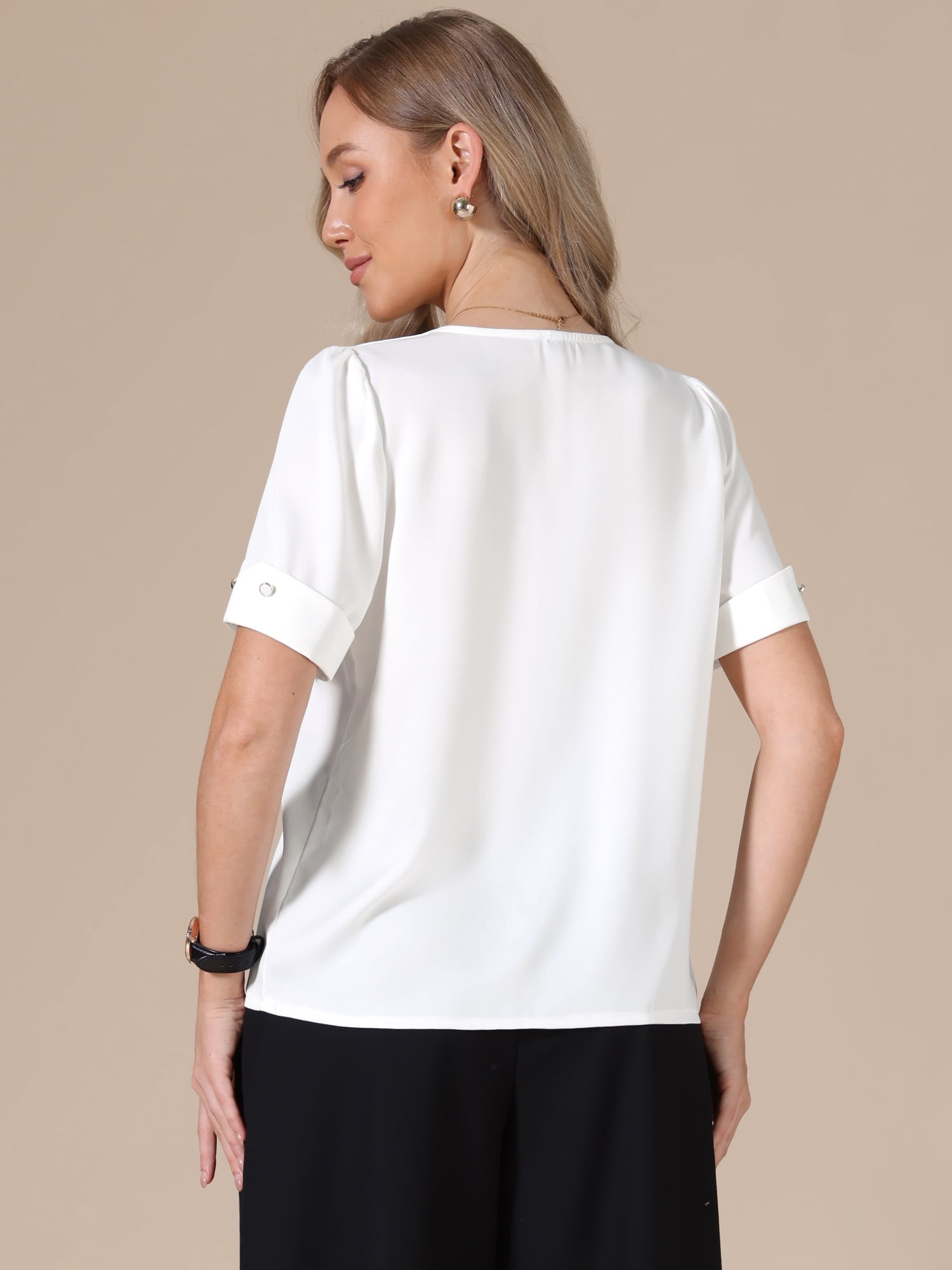DARING DIVA Women's Satin Blouse V Neck Short Sleeve Business Work Shirt 2XL White