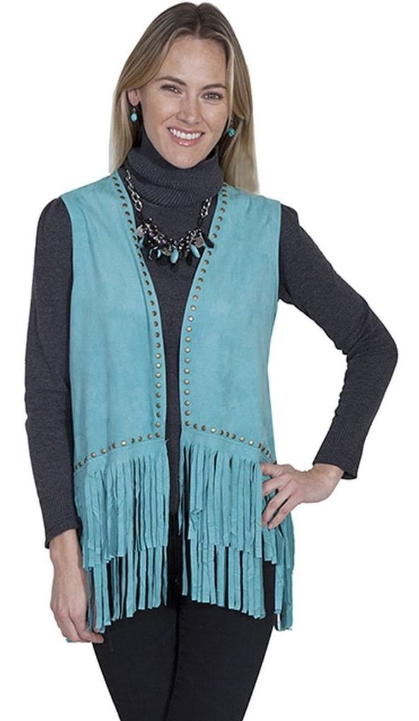Scully Western Vest Womens Honey Creek Stud Fringe Step M Turq HC259
