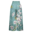 thumbnail image 5 of Plus Size Wide Leg Pants for Women Smocked High Waist Lounge Trousers with Pockets Floral Printed Linen Loose Ankle Length Pant, 5 of 6