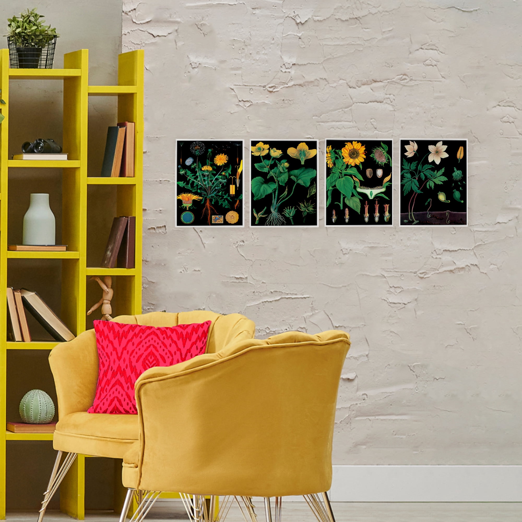 Stupell Industries Botanical Illustrations on Black 4 Piece White Framed Giclee Art Set, design by Vintage Hustle