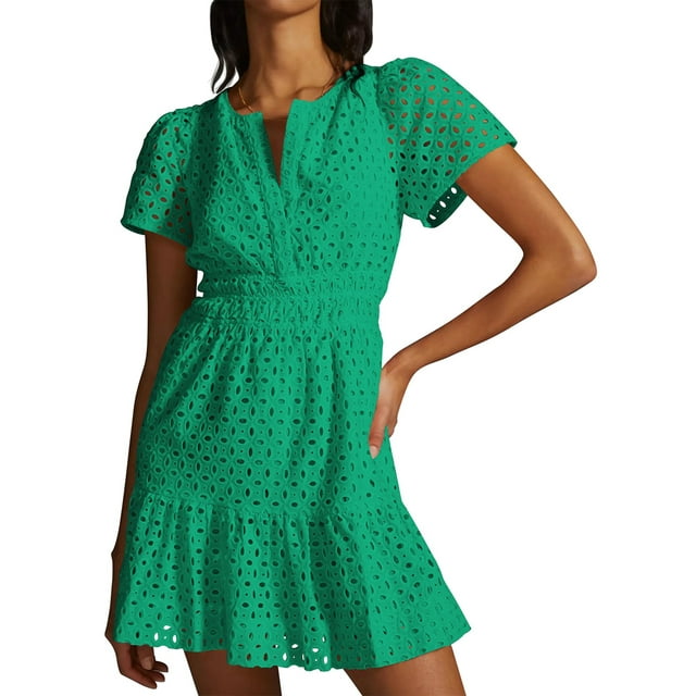FOCUSNORM Robe Mini Femme Slim Pointelle Col en V Manches Courtes Taille Smockée Robe à Volants pour Plage Fête Club