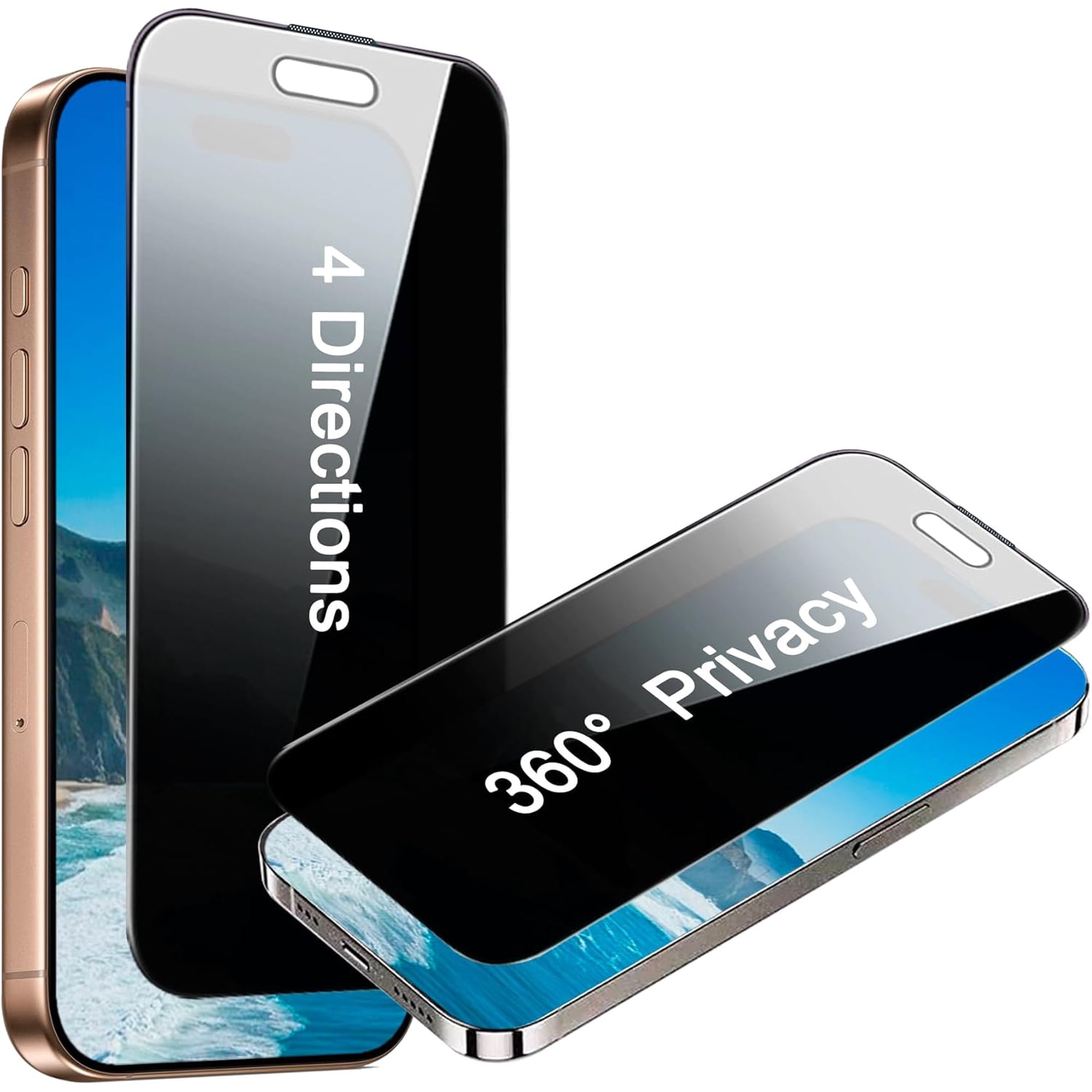 for 2 Pack 4 Way 360 Degree Privacy Screen Protector for iPhone 14 Pro Max/for iPhone 15 Plus, 4 Directions Horizontal and Vertical All Around Anti Spy Tempered Glass Film, Face ID Sensitive