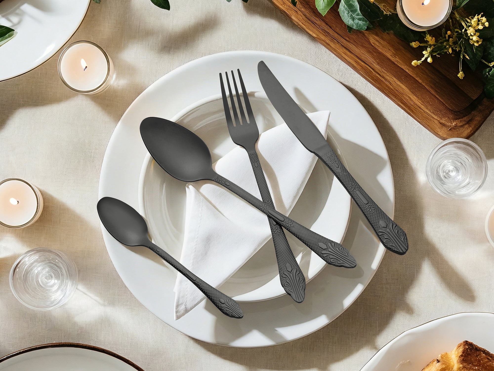 Unique Bargains 4 Piece Silverware Set Stainless Steel Floral Flatware Set Black 4