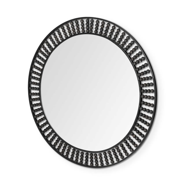 Miroir Mural Rond 42 Pouces Cadre en Métal Noir avec Perles de Bois