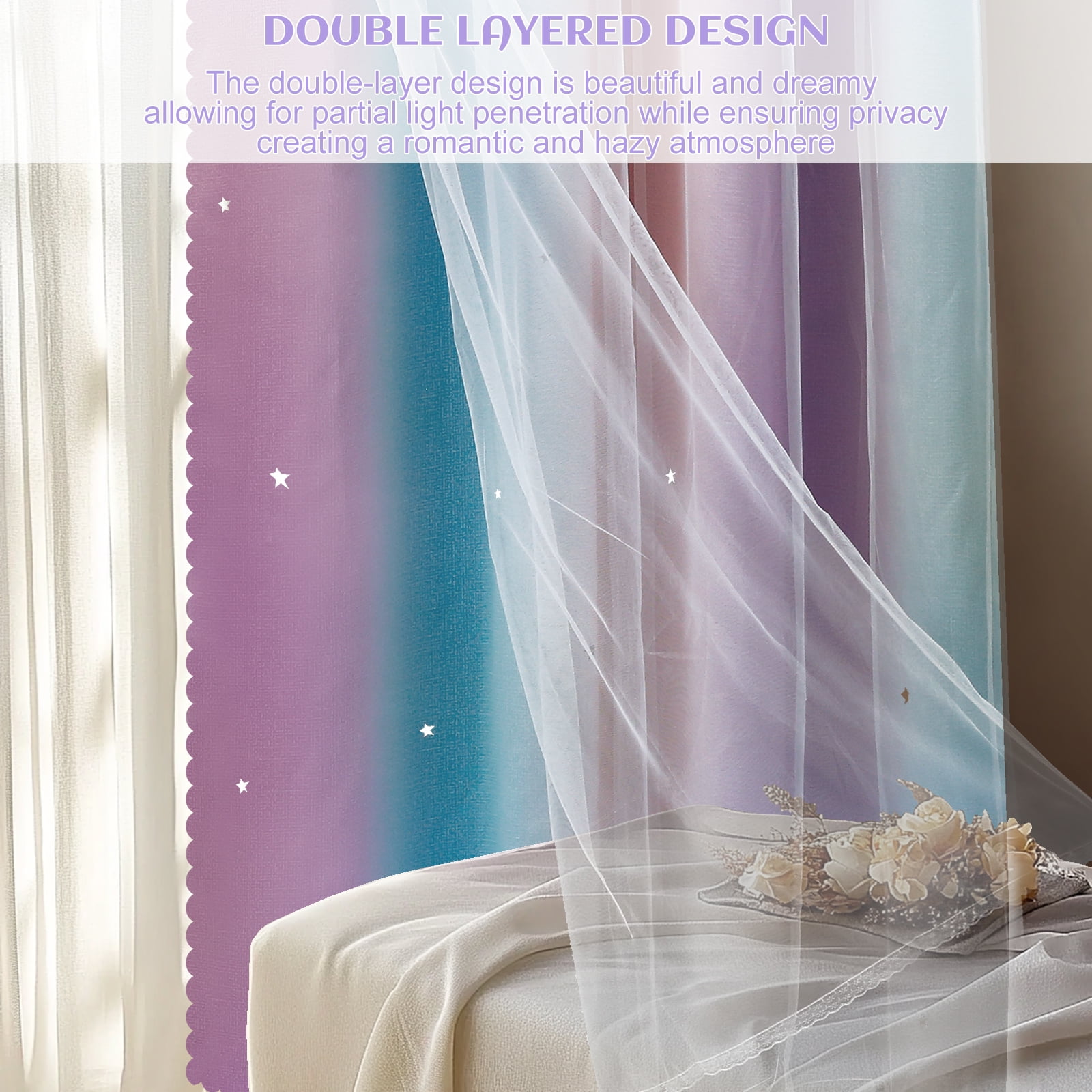 Dznils Star Ombre Printed Grommet Sheer Blackout Curtain Panel Set, 4 Piece, Purple, 52" W x 72" L
