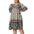 thumbnail image 4 of Plus Size Summer Dress for Women Casual Boho Floral V Neck 3/4 Sleeve Midi Short Beach Dress 1X Blue Pink, 4 of 6