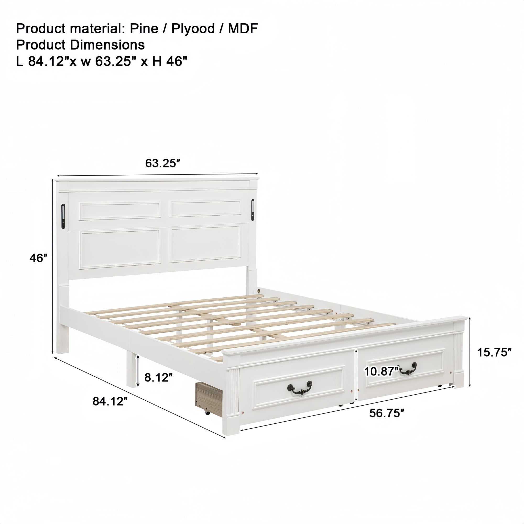 Aukfa Queen Size Storage Bed Frame with 46" Tall LED Headboard, USB & Type-C Charging Station, Farmhouse Solid Wood Platform Bed with Drawers, White