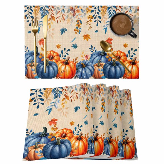 Placemats Set of 2 - 13x19 Inch, Thanksgiving Non-Slip Washable Place Mats for Dining Table, Farmhouse Orange Blue Pumpkin Maple Leaves Polyester & Linen Blend Table Mats for Kitchen Party Holiday