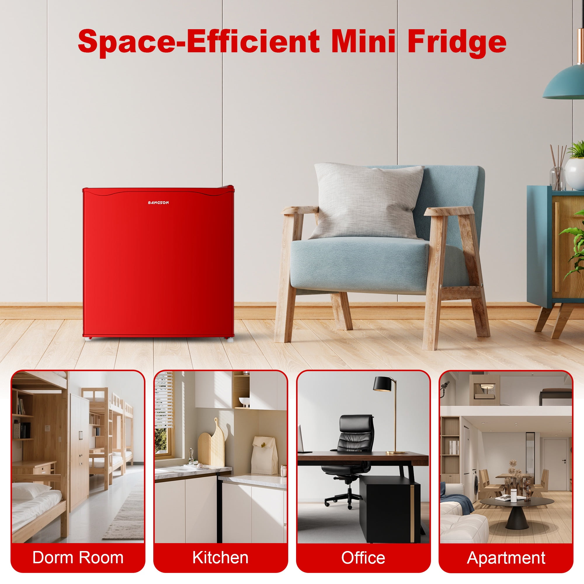 BANGSON 1.6 Cu.Ft Compact Refrigerator with Freezer, Energy Saving & Low Noise Mini Fridge for Office, Dorm, Bedroom - Adjustable Temp, Reversible Door,Red