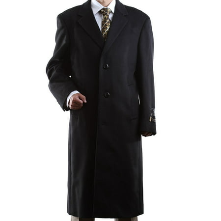 Prontomoda Men's Single Breasted Black Luxury Wool/Cashmere Full Length Topcoat, size Long (Top 50 Best Breasts)