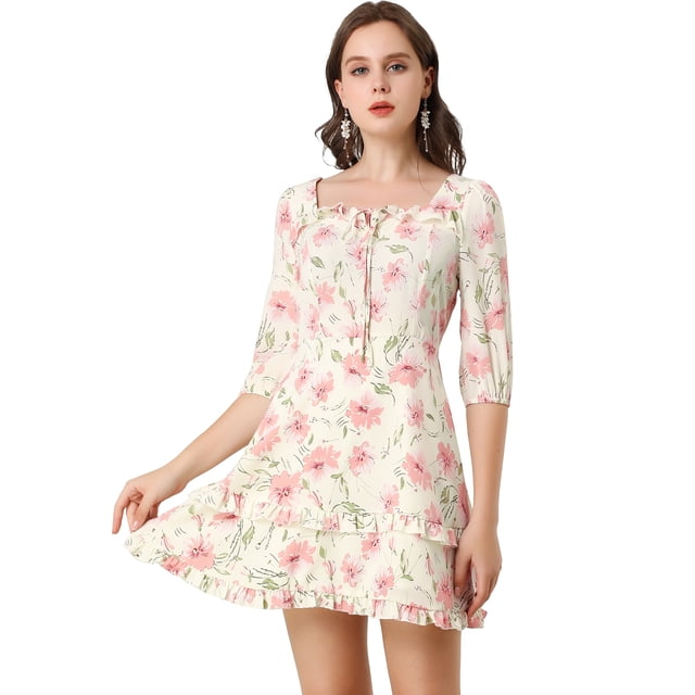 Unique Bargains Robe Courte à Étages pour Femme à Imprimé Floral, Col Noué, Manches 3/4