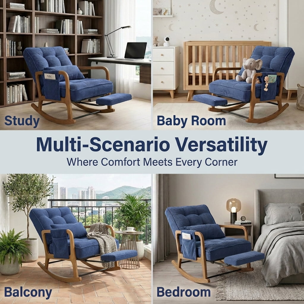 MOONMISS Rocking Chair with Footrest,Rocker Nursery Chair with Side Pocket,Glider Rocker,Accent Reading Chair for Living Room,Navy Blue