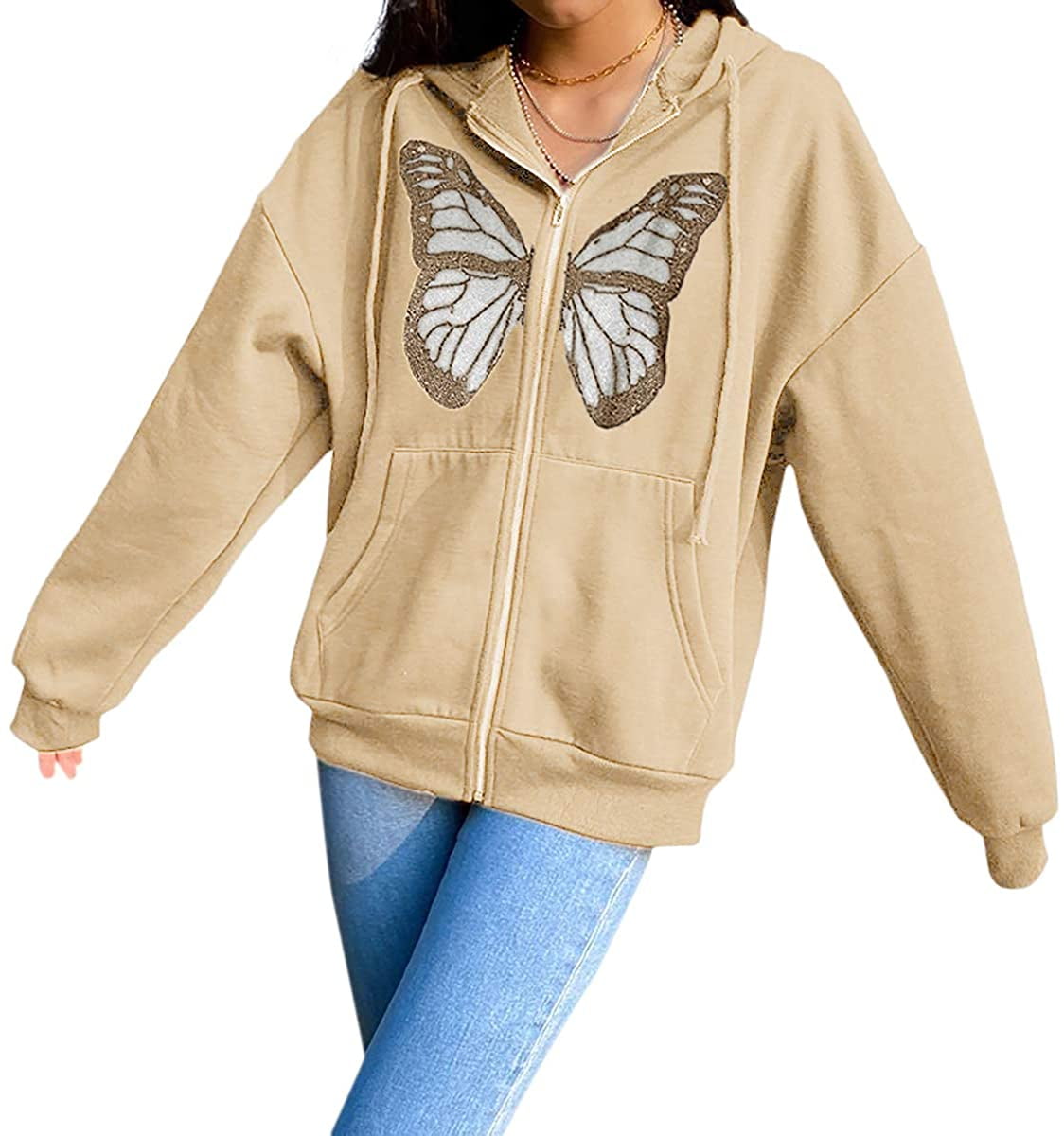 Y2K Clothes Harajuku Womens Zip up Hoodie and Sweatshirt Butterfly Pullover 