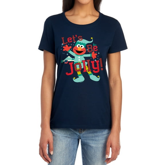 Sesame Street Elmo, Jolly Christmas Elf Women's T Shirt, Navy, Medium