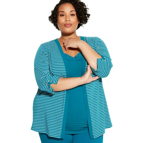 Catherines Women's Plus Size Suprema Striped Cardigan With Sleeve Detail