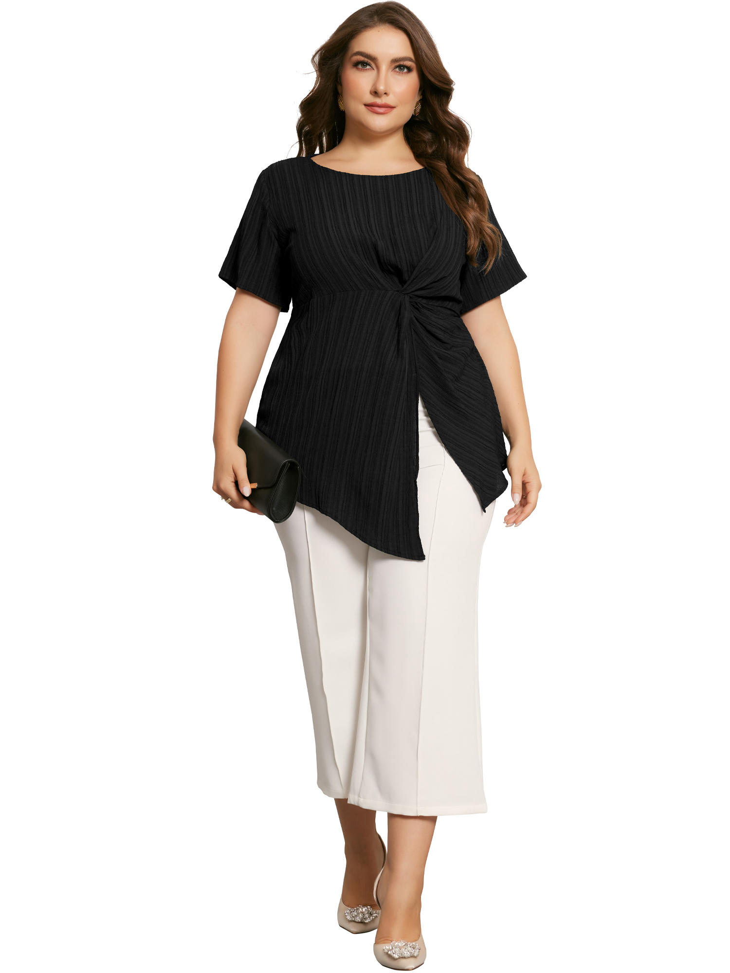 DARING DIVA Women's Plus Round Neck Asymmetrical Hem Twist Knot Top 2X Black